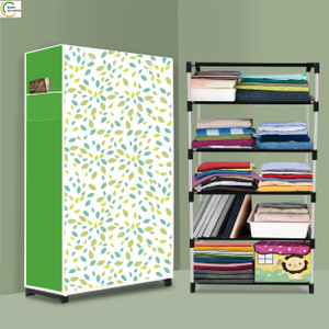 ashlas 5 shelf foldable collapsible wardrobe storage organizer almirah cloth rack pp collapsible wardrobe finish color - leaf modern print diydo-it-yourself
