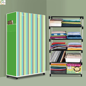 ashlas 5 shelf foldable collapsible wardrobe storage organizer almirah cloth rack pp collapsible wardrobe finish color - green strip modern print diydo-it-yourself