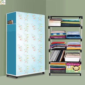 ashlas 5 shelf foldable collapsible wardrobe storage organizer almirah cloth rack pp collapsible wardrobe finish color - soft lily flower modern print diydo-it-yourself