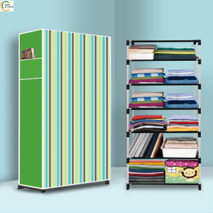 ashlas 6 shelf foldable collapsible wardrobe storage organizer almirah cloth rack pp collapsible wardrobe finish color - green strip modern printed diydo-it-yourself