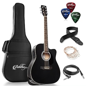 ashthorpe full-size dreadnought cutaway acoustic-electric guitar bundle - premium tonewoods - black