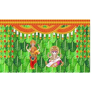 banana leaf and flower with goddess laxmi mata and ganeshji design backdrop cloth for pooja decoration deepavali festival diwali pooja size 5feet height and 8feet width5  8