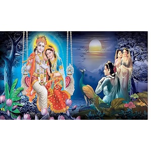 radha krishnaji on jhula design backdrop curtain for decoration backdrop cloth for pooja traditionalbackground curtain fabric-polyster size-5feet height and 8feet width5  8