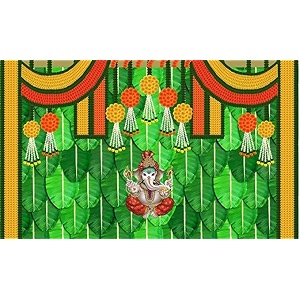 banana leaf and hanging marigold flower with ganesh ji design backdrop cloth for pooja decoration traditional fabric-polyester size 5 feet height and 8 feet width5  8