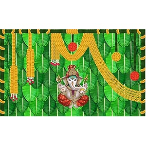banana leaf and marigold flower with ganesh ji design backdrop cloth for pooja decoration curtain cloth for festival fabric-polyester size 5 feet height and 8 feet width5  8