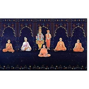 baps sanstha swaminarayan bhagwan with gunatitanand swami bhagatji mahant swami design backdrop curtain for pooja fabric-polyster size-5feet height and 8feet width5  8
