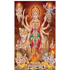 durga maaambesherawali with brahma vishnu shiva and maa kali design backdrop curtain for pooja decoration traditional fabric-polyster size-8feet height and 5feet width8  5