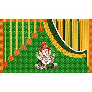 hanging flower and weaved coconut leaf kobbariaaku with ganeshji design backdrop cloth for pooja decoration fabric-polyester size 5 feet height and 8 feet width5  8