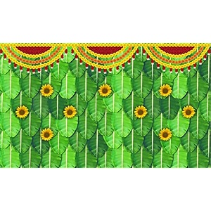 banana leaf with marigold flower decoration backdrop cloth for pooja decoration background curtain cloth for poojafestival fabric-polyester size 5 feet height and 8 feet width5  8