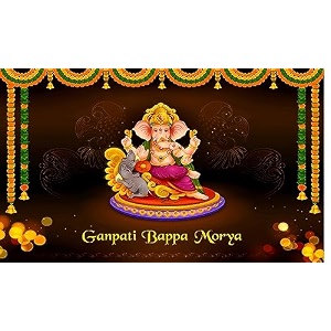 hanging marigold flower with ganeshji design backdrop curtain for pooja decoration especially ganesha festival fabric-polyster size-5feet height and 8feet width5  8