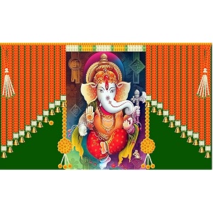 hanging marigold flower with golden bell and ganeshji design backdrop curtain for pooja decoration festival fabric-polyester size 5 feet height and 8 feet width 5  8