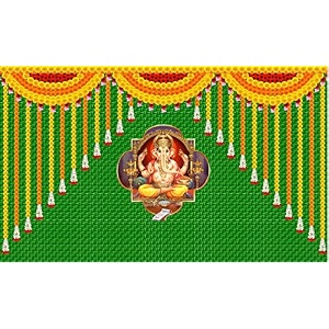 hanging marigold flower and weaved coconut leaf kobbariaaku with ganeshji design backdrop cloth for pooja decoration fabric-polyester size 5 feet height and 8 feet width5  8
