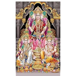 lord ganesha goddess laxmi goddess saraswati with colorful background design backdrop curtain for pooja decoration traditional fabric-polyster size-8feet height and 5feet width85