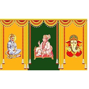 lord swaminarayan with hanumanji and ganeshji design backdrop curtain for decoration backdrop cloth for pooja decoration fabric-polyster size-5feet height and 8feet width5  8