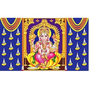 marigold flower with ganesh ji design backdrop cloth for pooja decoration traditional background curtain cloth for festival fabric-polyester size 5 feet height and 8 feet width5  8
