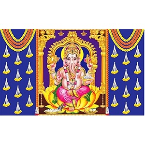 marigold flower with ganesh ji design backdrop cloth for pooja decoration traditional background curtain cloth for festival fabric-polyester size 5 feet height and 8 feet width5  8