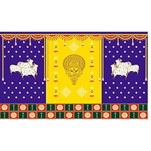 two cow with durga mata face design backdrop curtain for decoration backdrop cloth for pooja decoration traditional fabric-polyester size-5feet height and 8feet width5  8