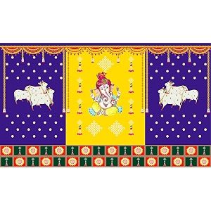 two cow with ganesh ji backdrop curtain for decoration backdrop cloth for pooja decoration traditional  background curtain cloth for pooja  festival fabric -- polyster taiwan fabric size---5 feet height and 8 feet width58 washable fabric