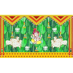 banana leaf and marigold and lotus flower with cows and ganesh ji design backdrop cloth for pooja decoration curtain cloth for festival size 5 feet height and 8 feet width5  8