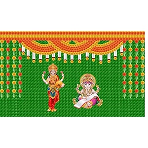 weaved coconut leaf and flower with goddess laxmi mata and ganeshji design backdrop cloth for pooja decoration deepavali festival diwali pooja size 5feet height and 8feet width5  8