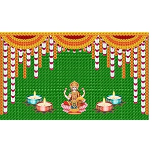 weaved coconut leaf with flower goddess laxmi mata with diya lamp design backdrop cloth for pooja decoration traditional deepavali size 5feet height and 8feet width5  8