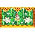 Banana Leaf and Marigold and Lotus Flower with Cows and Ganesh ji Design Backdrop Cloth for Pooja Decoration Curtain Cloth for Festival Size 5 Feet Height and 8 Feet Width(5 * 8)