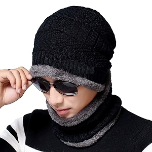 winter beanie cap for men and women wool knitted hat with woolen neck warmer scarf mufflerpack of 1 grey