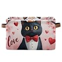 Aslsiy Storage Basket Black Cat with Bow Heart Pink (4) Nursery Bins Valentines Baby Canvas Box Clothes Shelf Basket Laundry Hampers 1 Pcs