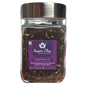asom cha masala chai tea in big glass jar - 100 natural premium spices - authentic assam ctc tea enriched with ginger cardamom clove cinnamon and black pepper - 100gm