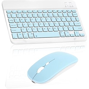 wireless keyboard rechargeable ultra slim universal tablet keyboard with mouse bluetooth for ios android windows laptops pc phones sky blue with led light