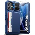 ATATOO for iPhone 16 Case Wallet, Card Holder, 2X Screen Protector, Blue