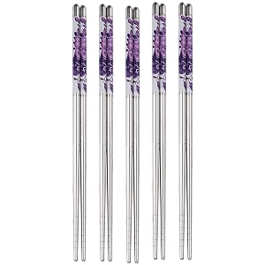 reusable chopsticks stainless steel 5 pair chopstick 23 cm long metal chopstick easy to use chop stick for noodles sushi hotpot thai foods for home at dinner hey purple