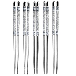 reusable stainless steel 5 pair chopsticks 23 cm long metal chopstick easy to use chop stick for noodles sushi hotpot thai foods for home at dinner classic silver