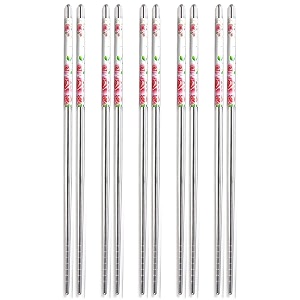reusable stainless steel 5 pair chopsticks 23 cm long metal chopstick easy to use chop stick for noodles sushi hotpot thai foods for home at dinner cute pink
