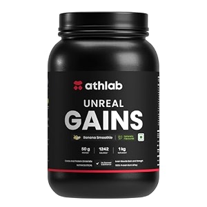 athlab by nutrabay unreal gains mass gainer  organic tapioca naturally flavoured amp sweetened with monk fruit  50g protein 1242 caloreis easy digesting weight gain protein powder - dutch chocolate 1 kg