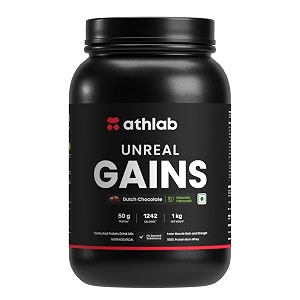 by nutrabay unreal gains mass gainer  organic tapioca naturally flavoured amp sweetened with monk fruit  50g protein 1242 caloreis gain protein powder - dutch chocolate 1 kg