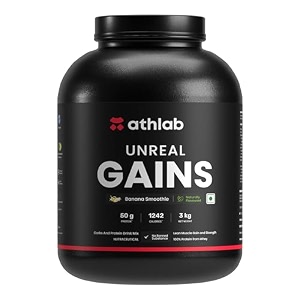 by nutrabay unreal gains mass gainer  organic tapioca naturally flavoured amp sweetened with monk fruit  50g protein 1242 caloreis gain protein powder - banana smoothie 3 kg