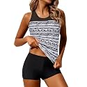 Athletic Tankini with Shorts Racerback Two Piece Sporty Swimsuit for Women