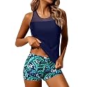 Athletic Tankini with Shorts Racerback Two Piece Sporty Swimsuit for Women