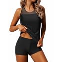 Athletic Tankini with Shorts Racerback Two Piece Sporty Swimsuit for Women