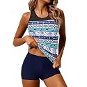Athletic Tankini with Shorts Racerback Two Piece Sporty Swimsuit for Women