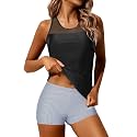 Athletic Tankini with Shorts Racerback Two Piece Sporty Swimsuit for Women