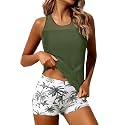 Athletic Tankini with Shorts Racerback Two Piece Sporty Swimsuit for Women