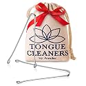 Tongue Scraper, Ayurvedic Tongue Cleaner (Pack of 2) Pure Copper Metal Tongue Brush Sweeper for Daily Oral Dental Hygiene Fresh Breath and Health + Cotton Pouch