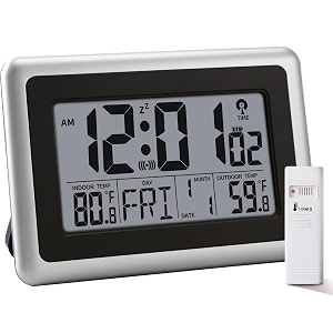 atomic digital clock with indooroutdoor temperature 12-inch large display self-setting battery operated wall or desk clock for bedroom living room office