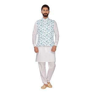 atool stylish digital-print nehru-jacket with kurta churidar set