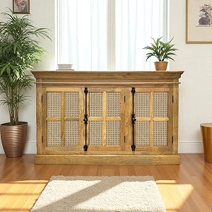 the attic oregon 3 door sideboard with canemultipurpose cabinet for kitchen and living room storageclassy sideboardsolid mango woodnatural matte finish