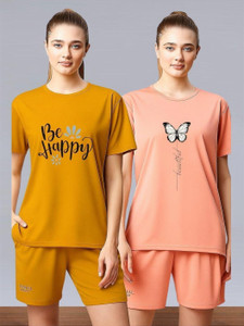 attirea graphic print women round neck yellow pink t-shirt