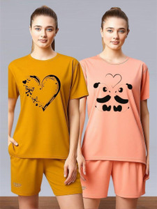 attirea graphic print women round neck yellow pink t-shirt