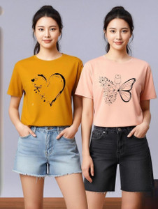 attirea pack of 2 women graphic print round neck polyester yellow pink t-shirt